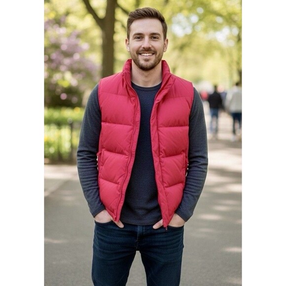 Vintage Gap Men’s Y2K Red Quilted Down Puffer Athleisure Sporty Casual Zip Up Sm - Picture 2 of 9